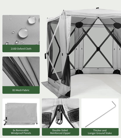 Raynesys 6 Sided Pop Up Gazebo Tent, Camping Screen Tent for 6-8 Person Foldable, Pop-Up Canopy Shelter with Mesh Windows, UV Resistant, Quick Set, Outdoor Gazebo with 6 Removable Wind Cloths, Gray