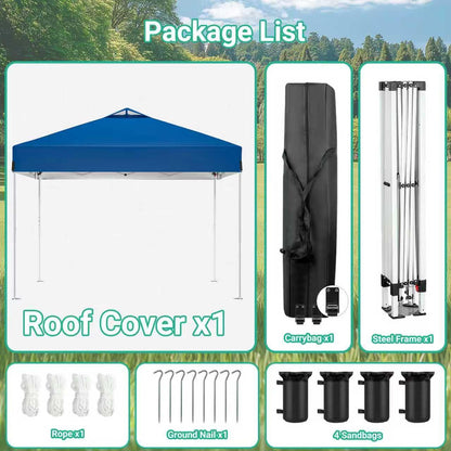 10 x 10FT Blue Pop Up Canopy Tent, Easy Setup Outdoor Portable Gazebos Shelter Sun Shade with Wheeled Carry Bag, Sandbags for Events, Party, BBQ, Backyard, Adjustable Height