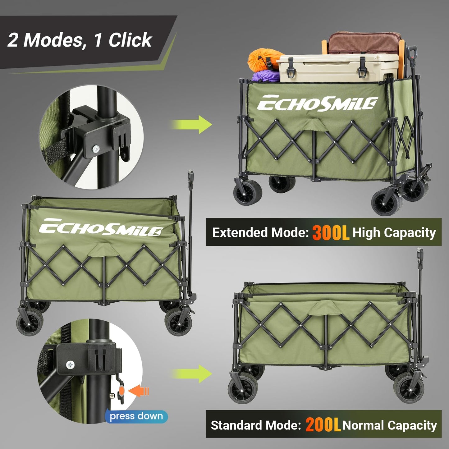 EchoSmile Collapsible Foldable Extended Wagon with 500Lbs Weight Capacity, 300L Folding Utility Wagon Cart with Big All-Terrain Wheels for Beach,Sport,Garden&Grocery (Green)