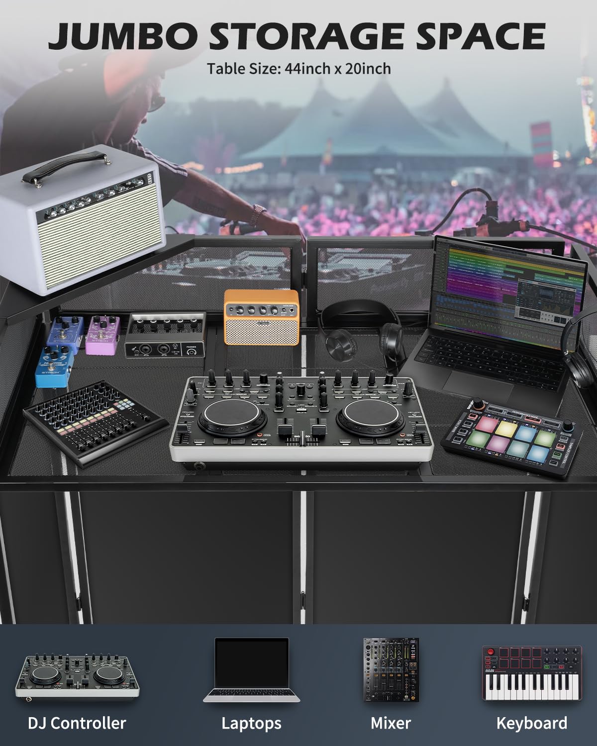 STRICH Portable DJ Facade Table Station, Foldable DJ Booth with Black & White Scrim, 44”X 20” Metal Frame Display Stand with Removable Triangle Shelf, Cable Hole and Carry Bag for Show, Party, Studio