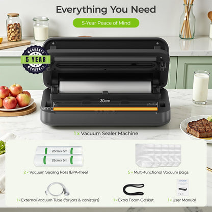 Vacuum Sealer, 90Kpa Food Vacuum Sealer Machine Built-in Cutter & Bag Storage, Food Preservation Dry/Moist/Liquid Mode, Sauces and More, Handle Locked Design Includes 2Roll + 5 Bags