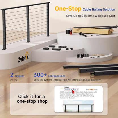 Zylorix 36" Swageless 2-4FT Black Complete Cable Railing System Post Kit with Handrail Cuttable, T304 Stainless Steel, Modular Pre-Cut 1/10" Cable Railing Kit with Stair Post for 28-38 Degree Stairway