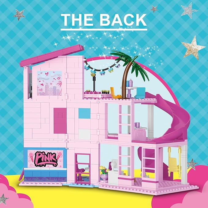ENJBRICK Pink Music Villa with Spiral Slide 656Pcs Pop Star House Building Toy w/Piano &amp Microphone 3-Story Friends Cottage Compatible with Lego Birthday for Girls 8-12