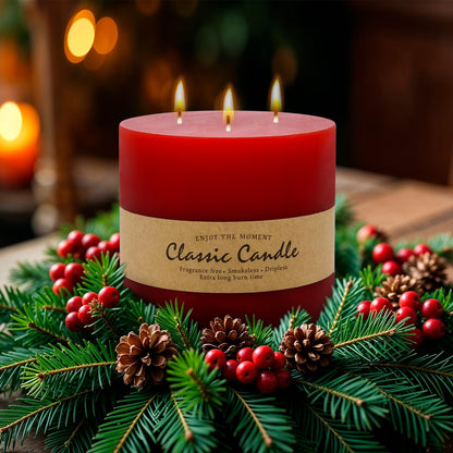 3 Wick Red Extra Large Pillar Candle, 6" x 6", Unscented, Dripless, Smokeless, and Clean-Burning. Approx. 120 Hours of Burn Time. Perfect for Weddings, Dinners, Christmas and Home Decor