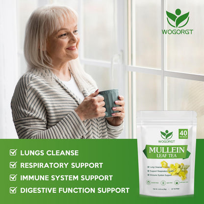 Mullein Tea Bags - Natural Mullein Leaf Tea for Lungs Cleanse and Respiratory Support, Caffeine Free - 40 Tea Bags