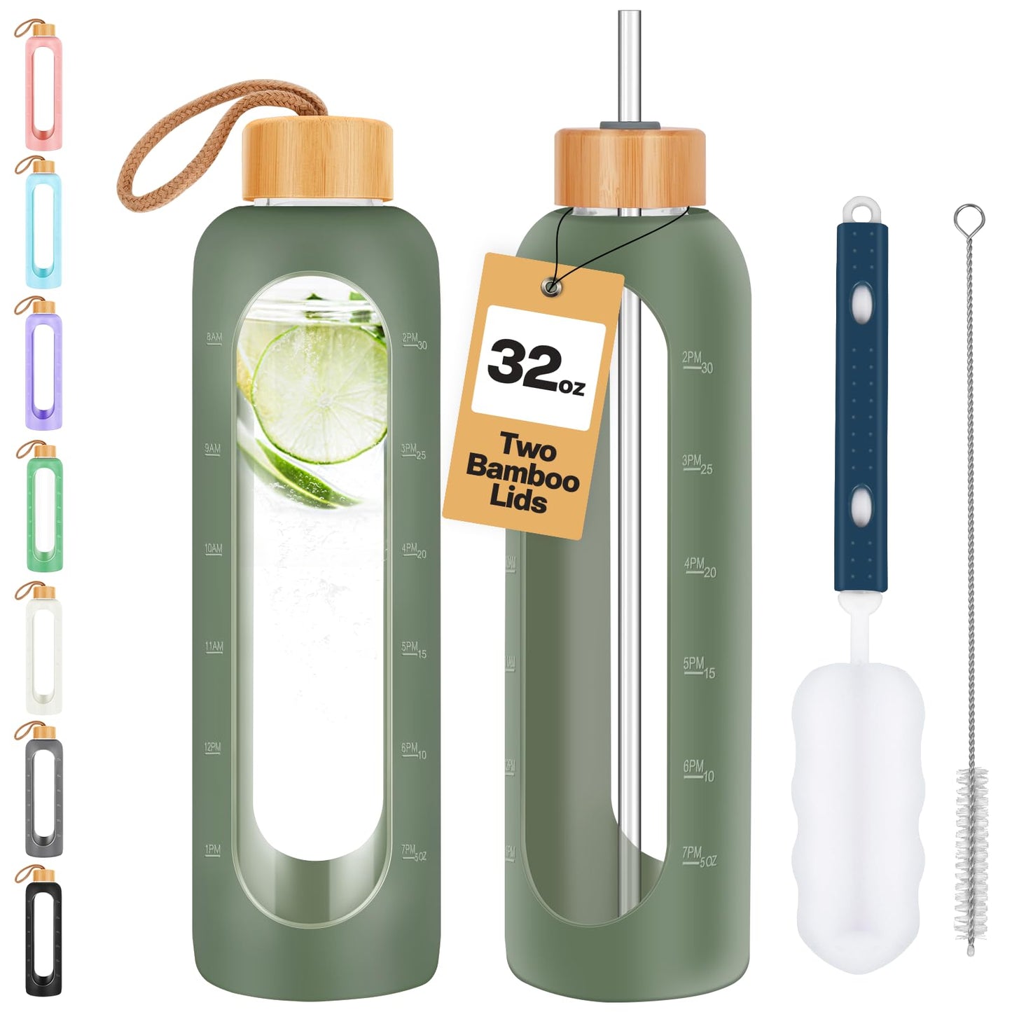 OxyFlask Glass Water Bottles 32 oz - Motivational Drinking Glass Water Bottle with Silicone Sleeve, Straw & 2 Bamboo Lids - 1 Liter Clear Borosilicate Daily Intake Tumbler with Time Marker - Olive