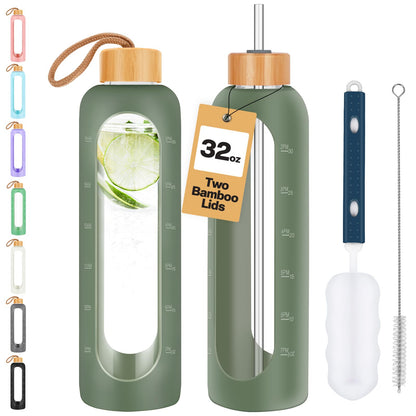 OxyFlask Glass Water Bottles 32 oz - Motivational Drinking Glass Water Bottle with Silicone Sleeve, Straw & 2 Bamboo Lids - 1 Liter Clear Borosilicate Daily Intake Tumbler with Time Marker - Olive