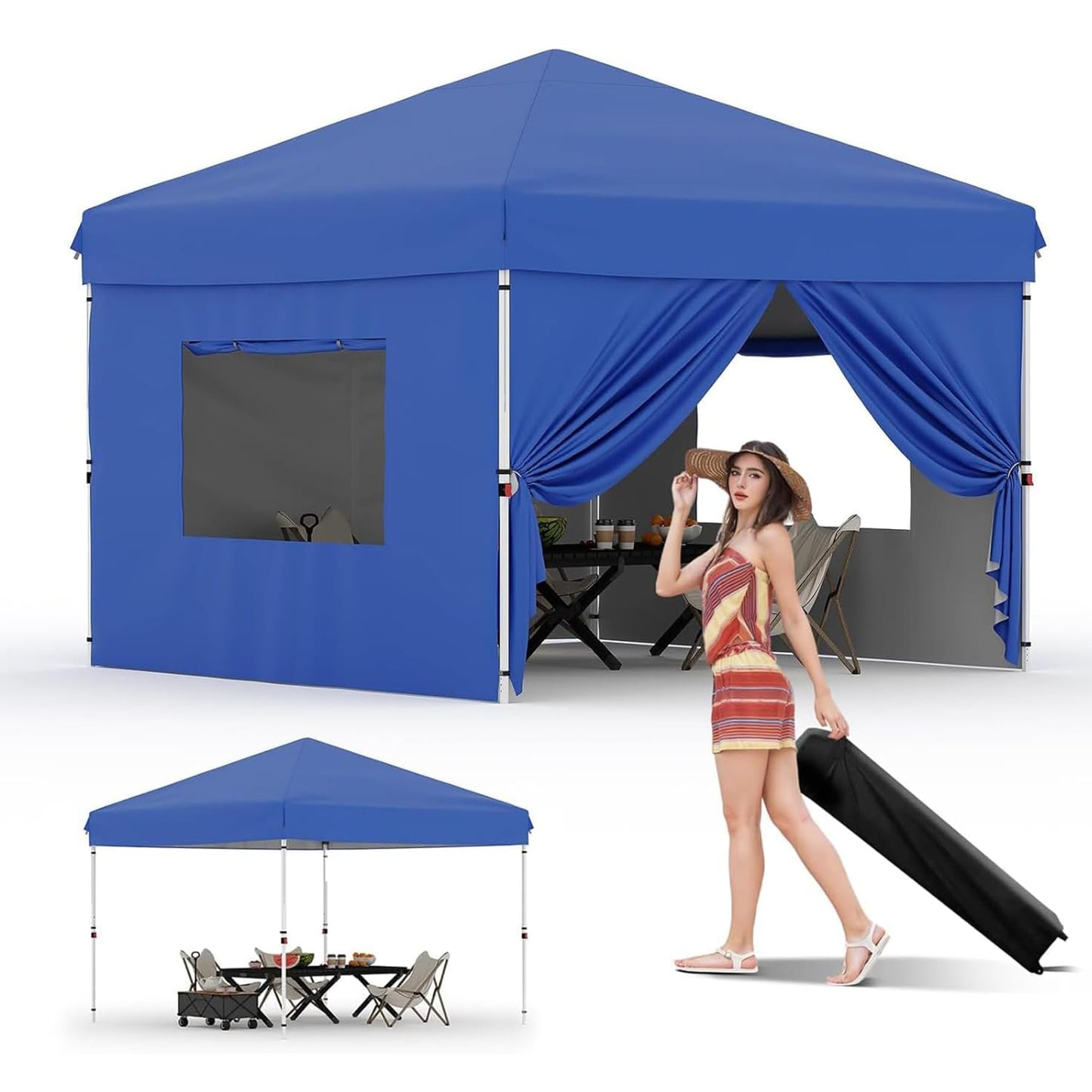 10x10 Pop Up Canopy Tent with 4 Sidewalls, Easy Up Camping Tent with One Button Push Setup, 3 Adjustable Height Outdoor Party Tents with 4 Weight Bags for Outdoor Events, Camping, Blue