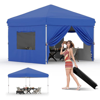 10x10 Pop Up Canopy Tent with 4 Sidewalls, Easy Up Camping Tent with One Button Push Setup, 3 Adjustable Height Outdoor Party Tents with 4 Weight Bags for Outdoor Events, Camping, Blue