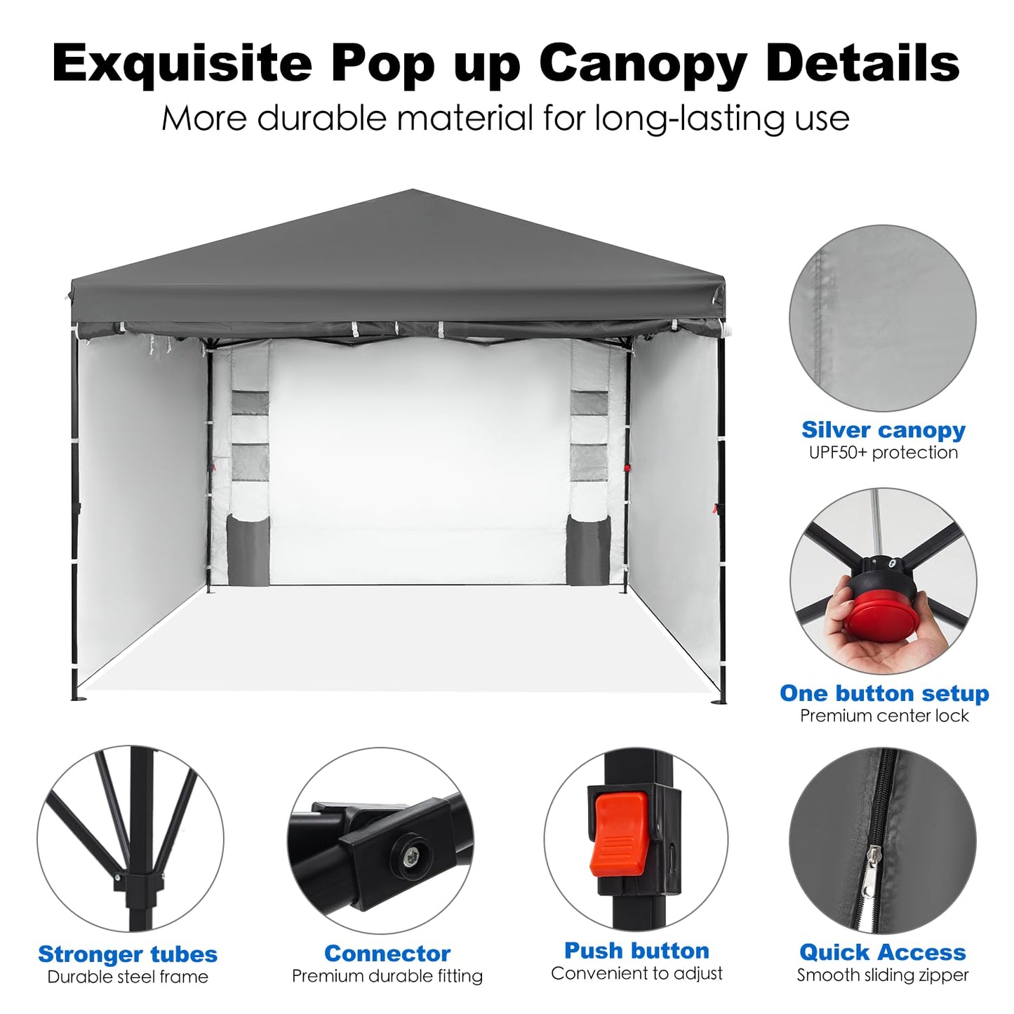 GAFETE 10X10 Comercial Instant Pop Up Canopy Tent with 4 Sidewalls, One Push Setup Center Lock, Portable Sun Shade Shelter for Beach Patio Outdoor Events, Case, 8 Stakes, 4 Ropes, 4 Sandbags (Gray)