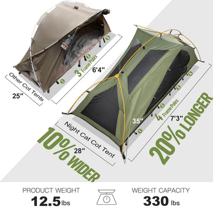 Night Cat Camping Cot Tent with Self-Inflating Sleeping Pad and Camping Sleeping Bag Waterproof 1-Person Off-Ground Combo Cot Bed for Adults Portable Easy Set-up Tent