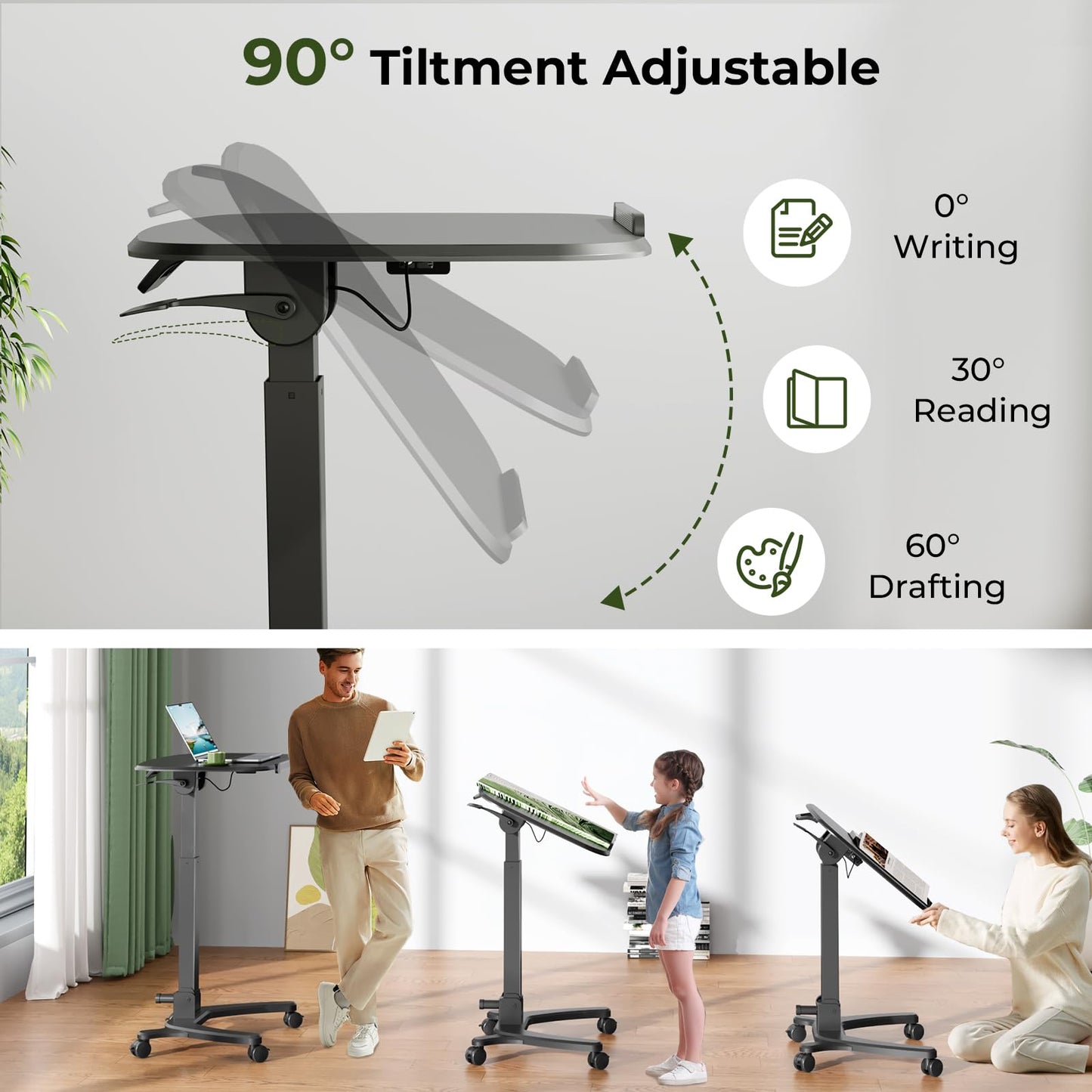 JYLH JOYSEEKER Foldable Mobile Standing Desk, 27"×21" Portable Rolling Laptop Cart with 90° Tiltable Board, Height Adjustable Mobile Desk Workstation with Wheels, Folding Table for Home Office, Black