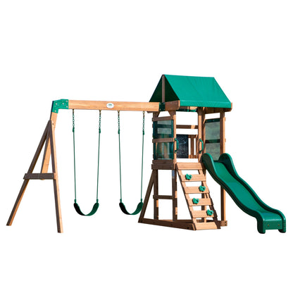 Backyard Discovery Buckley Hill Cedar Wood Swing Set with Wave Slide, Play Deck, Rock Wall Ladder, Belt Swings, Chalkboard, Canopy Roof, Outdoor Playset