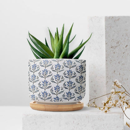 BRUYU5SE Mughal Flower Ceramic Planters Blue Floral Snake Plant Live Indoor with Pot with Drainage Holes and Saucers Pot for Indoor Outdoor Garden