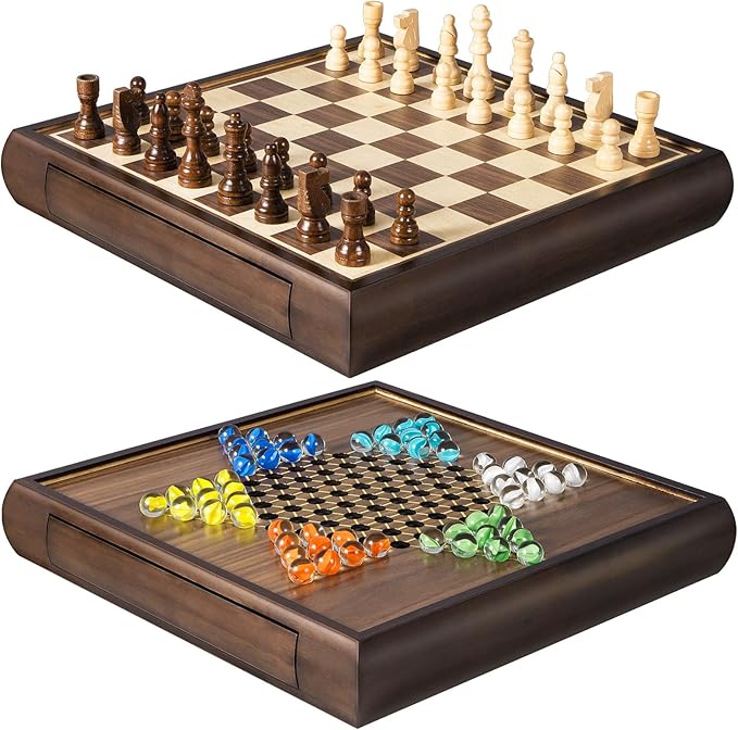 2 in 1 Magnetic Chess Set &amp Chinese Checkers 13 Wooden Board Game with Storage Drawer and 60 Glass Marbles + Bonus 12 Spare &amp 2 Extra Queensfor Kids and Adults