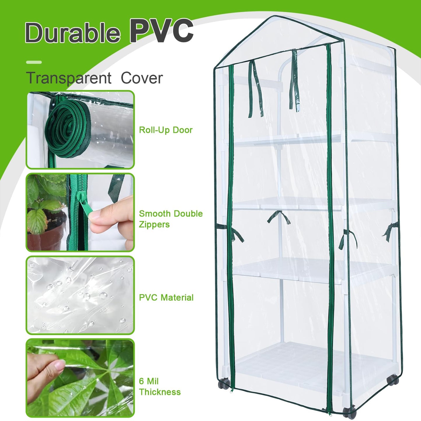 Mini Indoor Greenhouse, 4-Tier Portable Plant Greenhouse Cabinet with Wheels, Waterproof PVC Tent Cover for Indoor Outdoor Seed Starting, Plants, Flowers (Clear, 4 Tier)