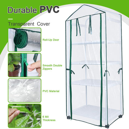 Mini Indoor Greenhouse, 4-Tier Portable Plant Greenhouse Cabinet with Wheels, Waterproof PVC Tent Cover for Indoor Outdoor Seed Starting, Plants, Flowers (Clear, 4 Tier)