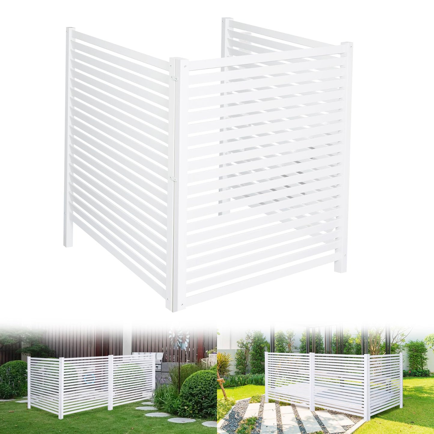WEEDING Air Conditioner Fence 48" W X 48" H Trash Can Fence Pool Equipment Enclosure Vinyl Privacy Fence Outdoor No Dig Privacy Fence 3 Panels with Metal Stake, White