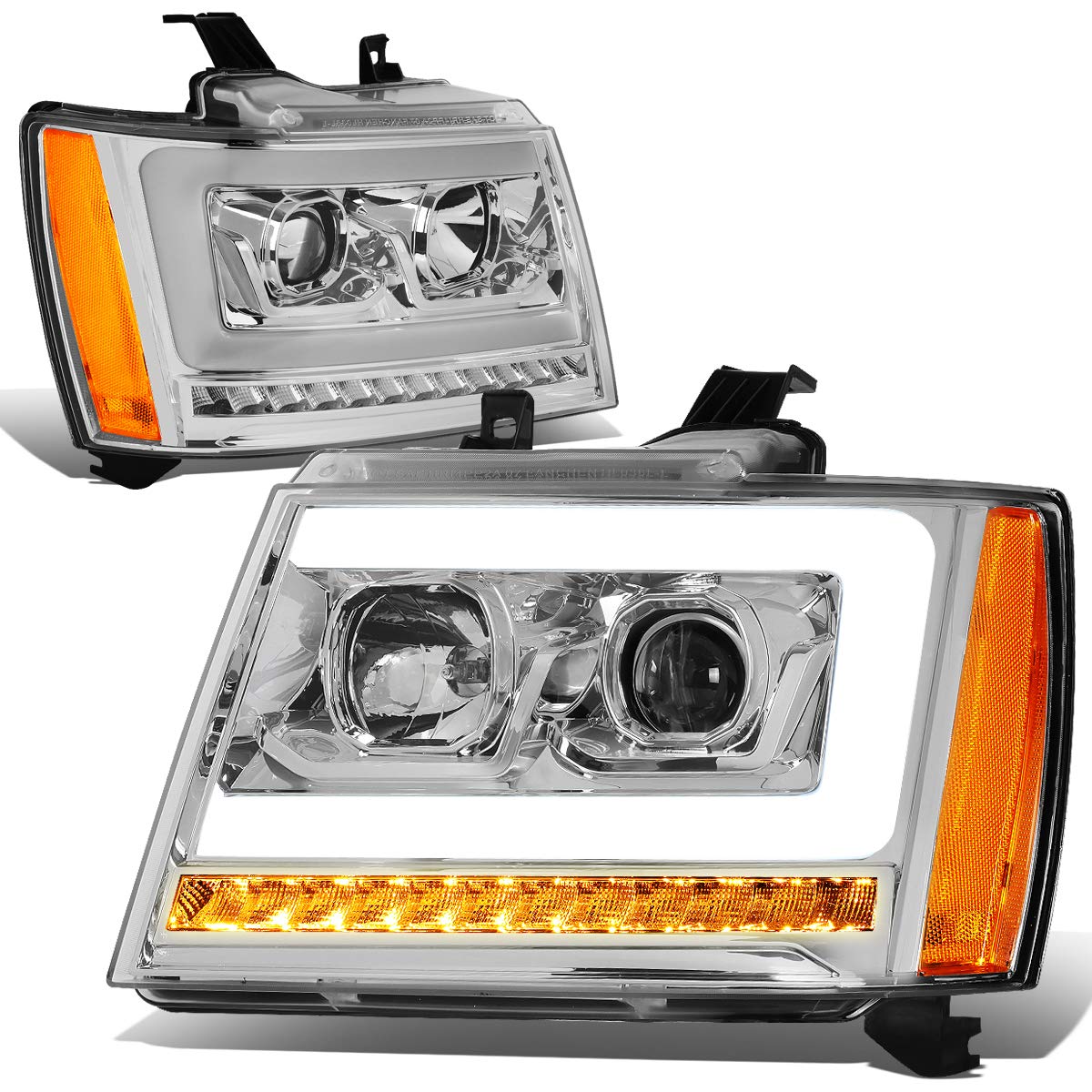 DNA MOTORING HL-HPL-CSA07-CH-AM LED DRL Sequential Turn Signal Projector Headlight Headlamps Compatible with 07-13 Avalanche, Chrome/Amber