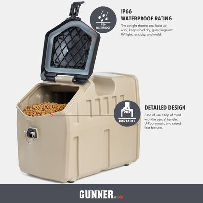 GUNNER 50 lbs Tan Dog Food Storage Container with Measuring Scoop – Waterproof & Airtight Pet Food Bin for Dry Food, Corn, Chicken Feed, Bird Seed & Treats – 3 Cup Ergonomic Scooper with Markers