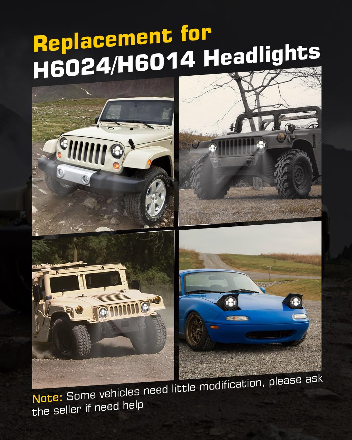 1000% Bright 7 Inch LED Headlights Round H6024 Compatible with Jeep Wrangler JK JKU TJ LJ CJ Ford Chevy GMC Miata etc High/Low Sealed Beam Headlamp Replacement DOT Approved Black 1 Pair