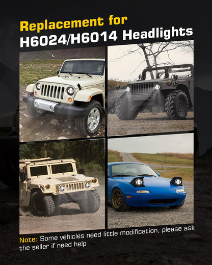 1000% Bright 7 Inch LED Headlights Round H6024 Compatible with Jeep Wrangler JK JKU TJ LJ CJ Ford Chevy GMC Miata etc High/Low Sealed Beam Headlamp Replacement DOT Approved Black 1 Pair