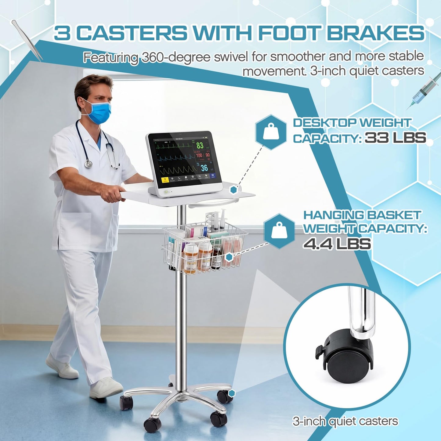 DaisyInner Adjustable Mobile Medical Cart with Wheels, Load up to 33 Lbs, Laptop Rolling Cart with Storage Basket 16.5" x 16.7" Large Tabletop Medical Trolley Workstation for Hospital, Lab Use(Frame)