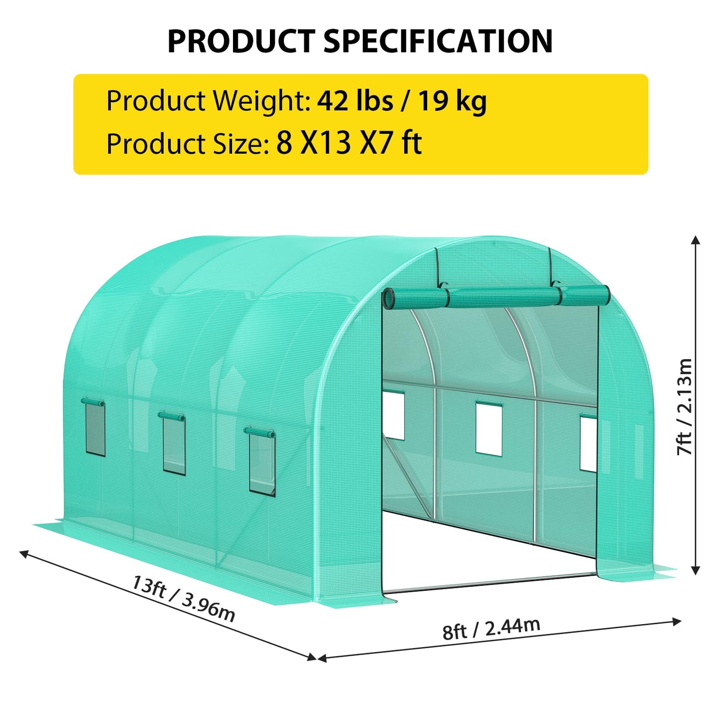 Patikuin Spacious Walk-in Tunnel Greenhouse – Sturdy Galvanized Steel Frame, Roll-Up Zipper Door, 6 Screen Windows, Heavy Duty Green PE Cover – Ideal for Garden Plants, Winter Vegetables, Seedlings