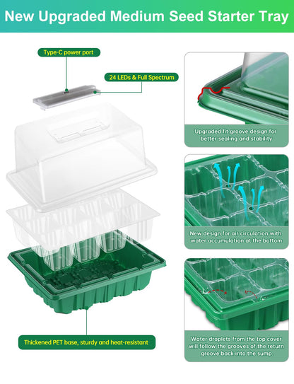 3-Pack Seed Starter Trays with Heat Mat, Seed Starter Kit with Grow Lights, 36 Large Cells Seed Germination Kit with Adjustable Humidity Vents for Indoor Plants Seeds Starting, Ideal Gardening Gifts