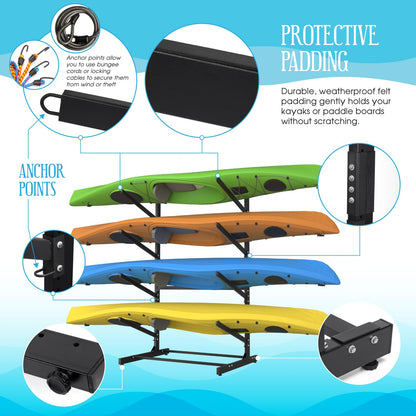 TPHUC Adjustable Kayak Storage Rack, Freestanding Sup Storage Stand, Weatherproof Canoe Holder, Heavy Duty Paddleboard Bracket, Surfboard Bracket for Indoor, Outdoor, Garage, Shed, Dock (4 Levels)
