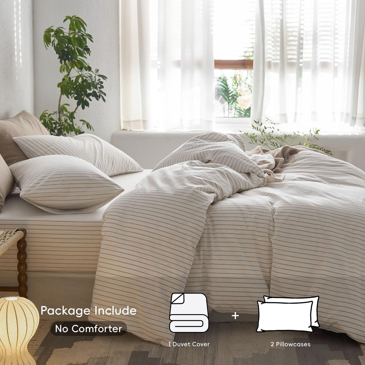 MooMee Striped Duvet Cover Set - 100% Washed Cotton, Soft & Breathable | Queen Size (White & Grey Stripes)