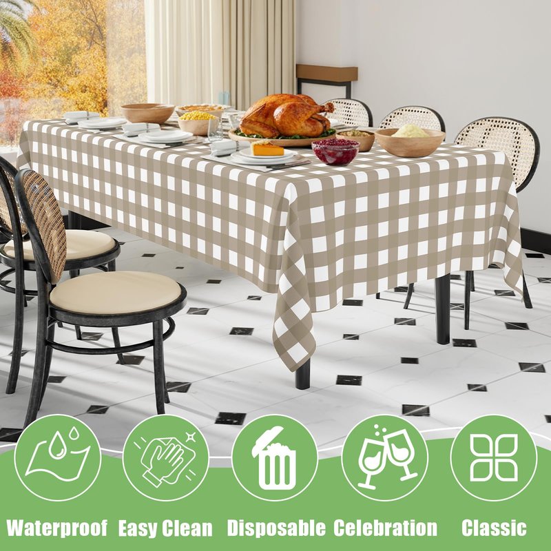 Smiry 3 Pack Khaki Gingham Disposable Tablecloths - 54" x 108" Heavy Duty Plastic Table Cloth, Waterproof Buffalo Plaid Table Covers for Picnic, Banquets, Outdoor Parties