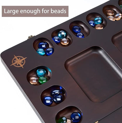 VAMSLOVE Mancala 4 Player Board Game Set Luxury Solid Wood Folding Mancala Board 96+12 Bonus Multi Color Glass Stone Beads Game Instructions Included