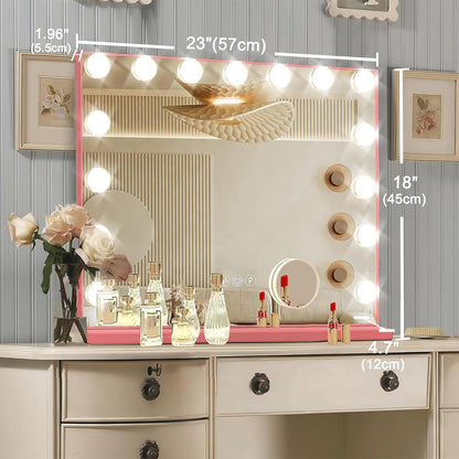 Hollywood Vanity Mirror with Lights, 15 Dimmable Bulbs, 3 Color Lights,Make Up Lighted Mirror, Aluminum Metal Frame, USB Charging Port（23" x 18"）
