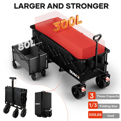 49" L Collapsible Extended Wagon with 500lbs Weight Capacity,300L Heavy Duty Sports Wagon,Big All-Terrian Wheels with Cup Holders,Cart for Sports,Grocery,Shopping