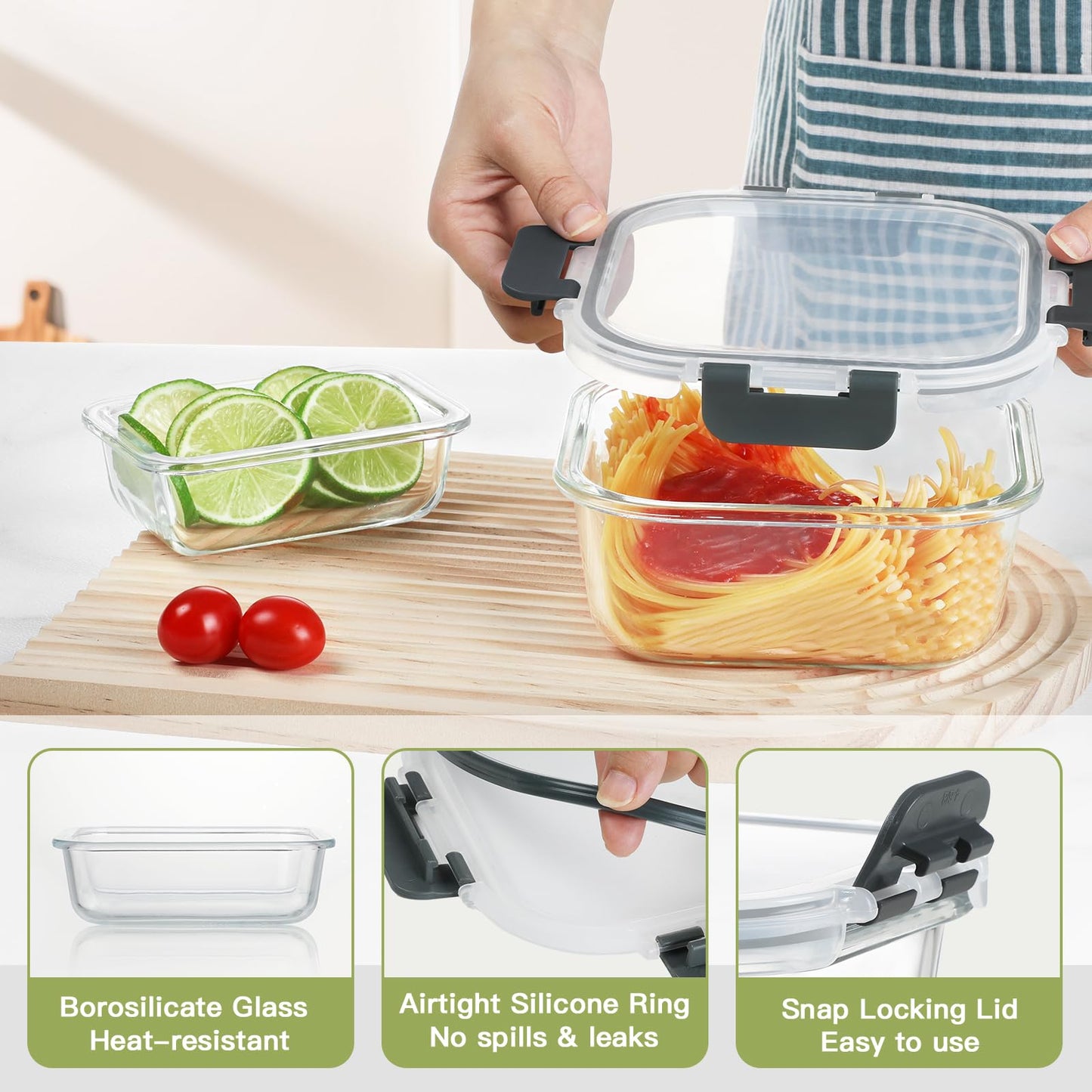 BAYZZ 24 Piece Glass Food Storage Containers with Lids, Airtight Glass Meal Prep Containers for Kitchen, BPA-Free Lunch Box, Microwave and Freezer Safe
