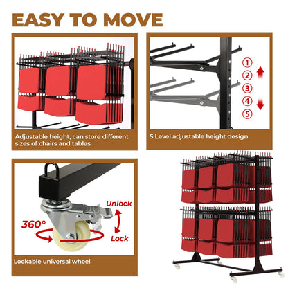 Heavy-Duty Folding Chair Cart, Holds Up to 84 Chairs or 12 Tables, 800 lbs Capacity, 4 Swivel Wheels, Adjustable Storage Rack, Includes 2 Tie-Down Ropes & Dust Cover for Banquets, Churches, Schools