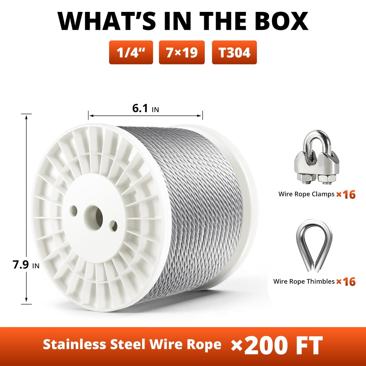 VEPURLT 200FT 1/4" Thickened Stainless Steel Cable Wire Rope, 7x19 Strand Aircraft Cable 6400lb Breaking Strength with Clamps & Thimbles for Zipline, String Light Hanging, Clothesline, DIY Projects