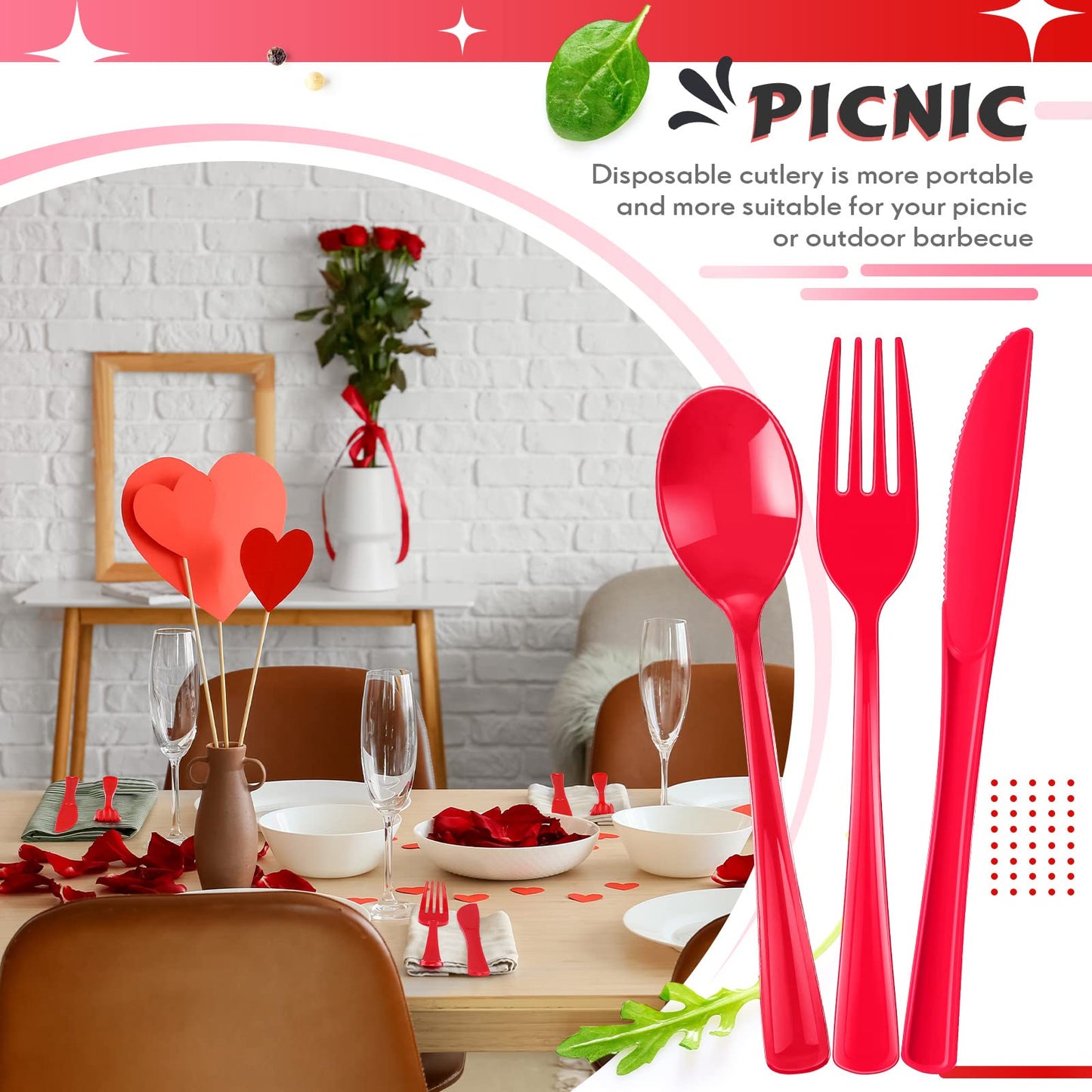 300 Pcs Plastic Silverware Heavy Duty Cutlery Set Plastic Utensils Set Includes 100 Disposable Spoons 100 Forks Knives for Parties Catering Family Gathering(Red)
