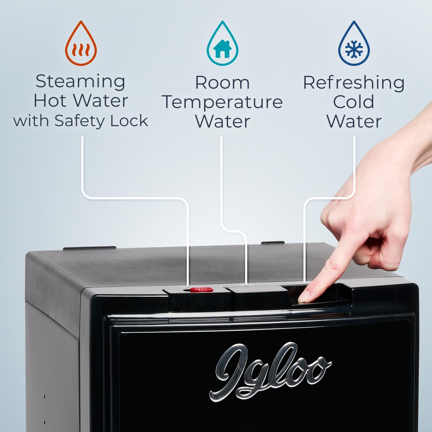 Igloo Retro Bottom-Loading Water Dispenser- Black Water Cooler Dispenser with Hot, Cold & Temperature Settings- Electric Water Dispenser Fits 3 & 5 Gallon Jugs with Child Safety Lock for Home & Office