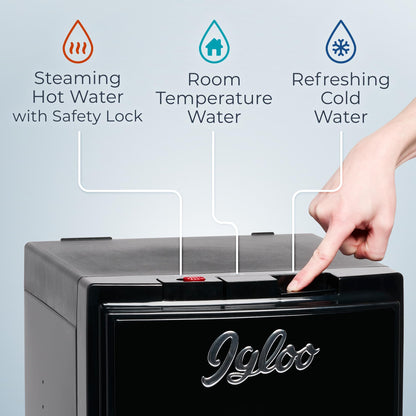Igloo Retro Bottom-Loading Water Dispenser- Black Water Cooler Dispenser with Hot, Cold & Temperature Settings- Electric Water Dispenser Fits 3 & 5 Gallon Jugs with Child Safety Lock for Home & Office
