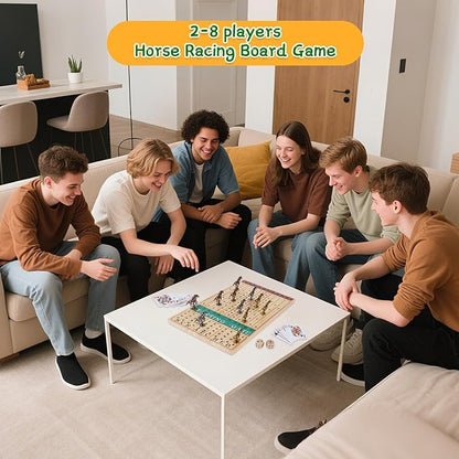 Horse Race Board Game – Thickened Wooden Chessboard with 11 Metal Horses 2 Dice &amp 2 Card Decks Family-Friendly Horse Racing Game for Kids Adults Friends &amp Strategy Game Nights