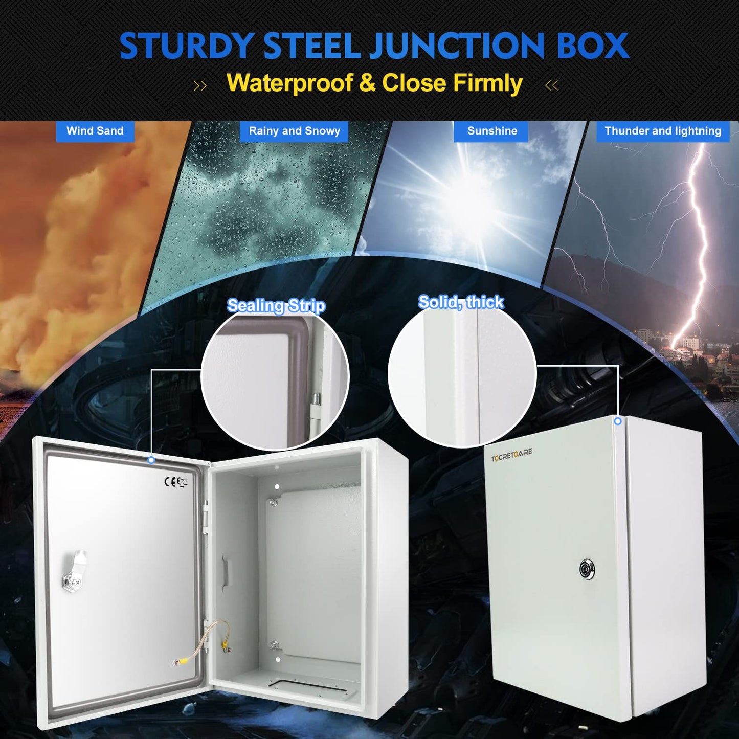 Tocretoare Outdoor Electrical Box, Steel Junction Box 16 x 12 x 8'', NEMA 4X Electrical Enclosure Box IP66 Waterproof & Dustproof, Universal Electrical Project Box with Lock & Mounting Plate