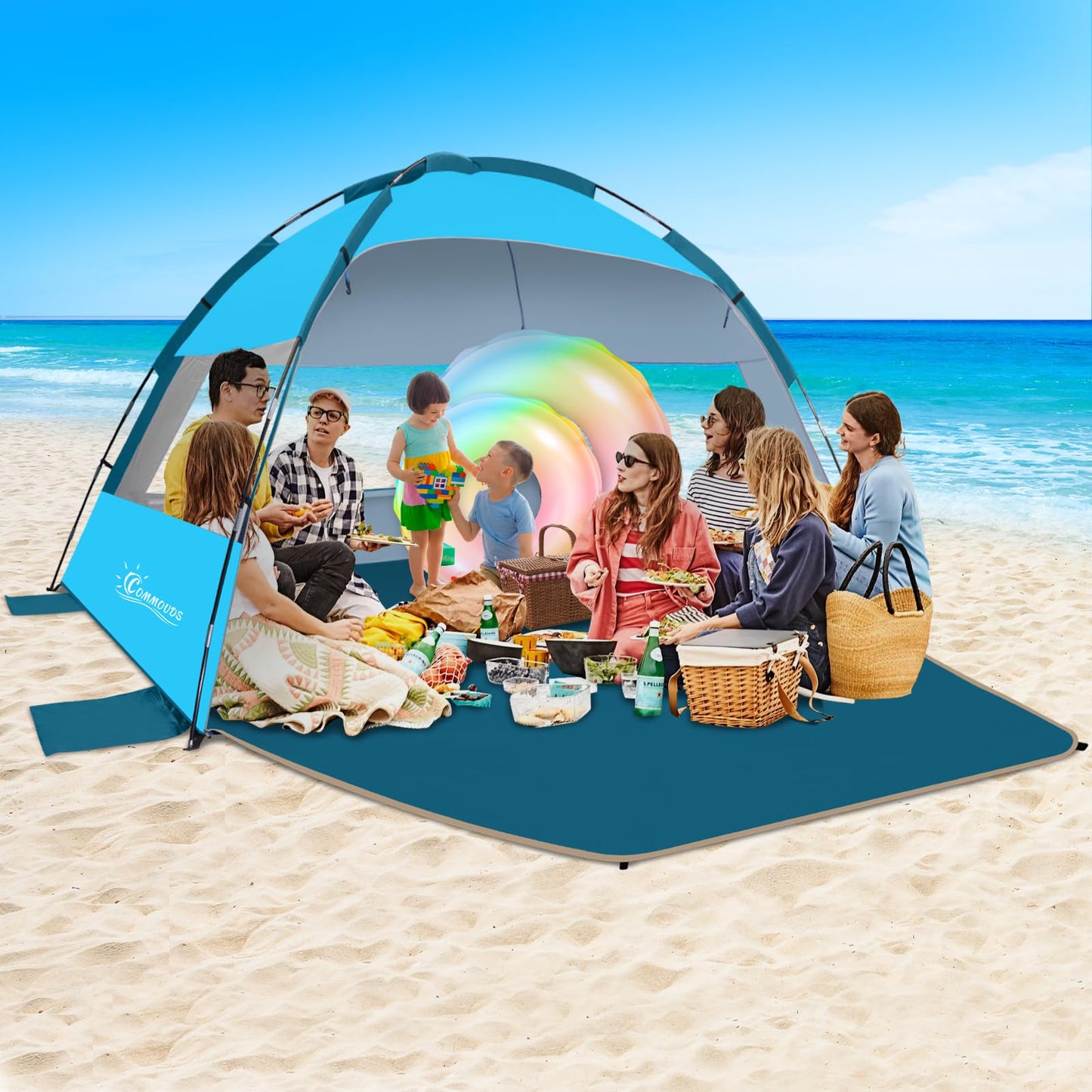 COMMOUDS Beach Tent Sun Shelter for 3/4/6/8 Person, UPF 50+ UV Protection Beach Shade Canopy Tent, Lightweight, Easy Set Up and Carry