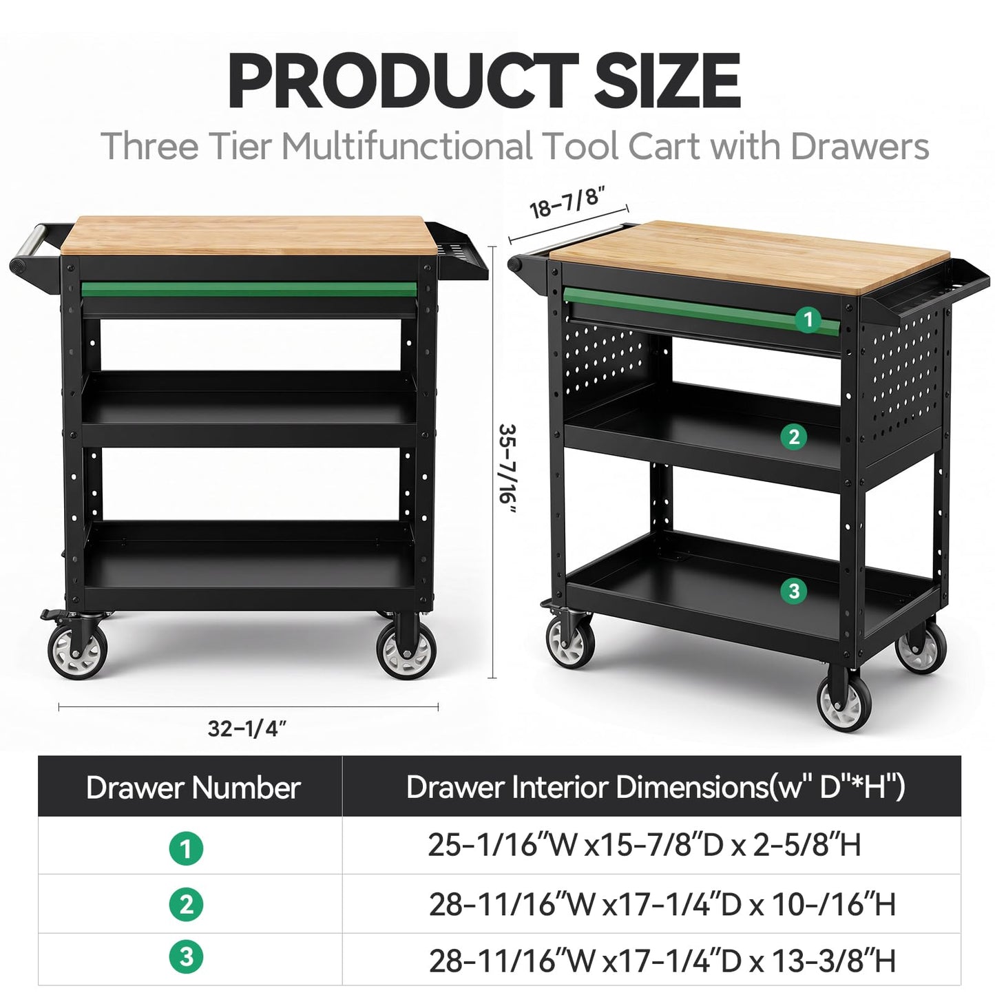 StrideoooTrek Rolling Utility Cart with Wooden Top, 3-Tier Mobile Workshop Table, Heavy-Duty Wheels,330LB Load Capacity Organizer Cabinet for Garage, Warehouse, Repair Shop