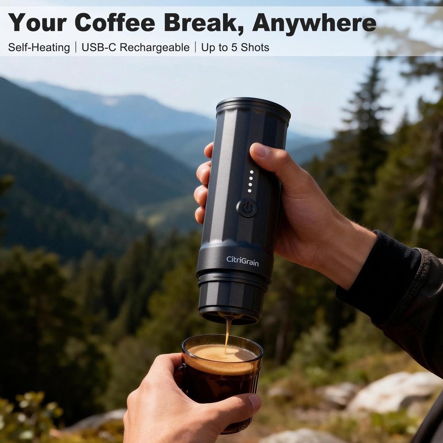 Citrigrain Portable Espresso Machine, Self-Heating Travel Coffee Maker with Fast Charging USB-C & Carrying Bag & Stand, for Ground Coffee & NS Capsules, for Camping, Hiking, RV, Office