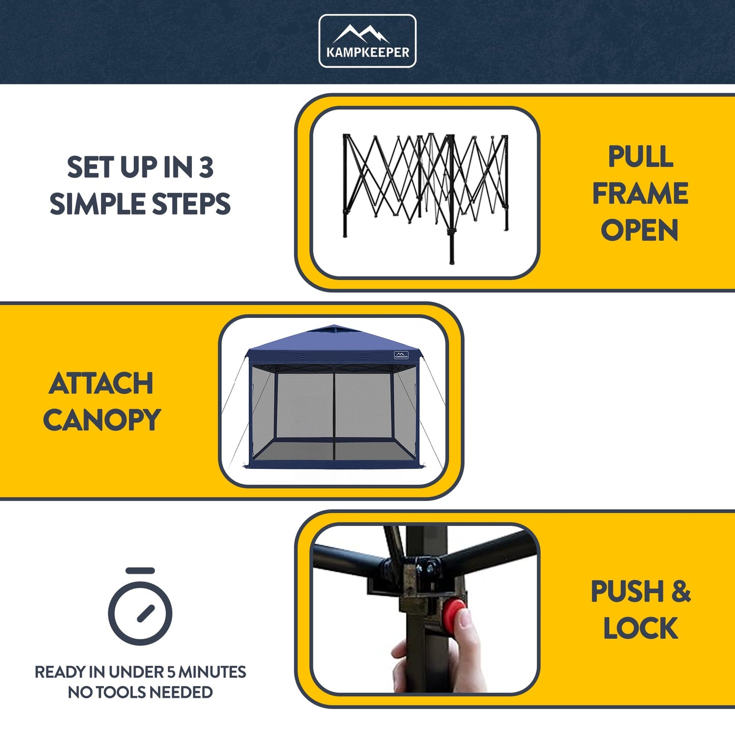 KAMPKEEPER 10x10 Pop-Up Canopy Tent, Waterproof Portable Shade with Screen Walls, Adjustable Instant Outdoor Shelter for Camping, Backyard, and Events, Navy Blue