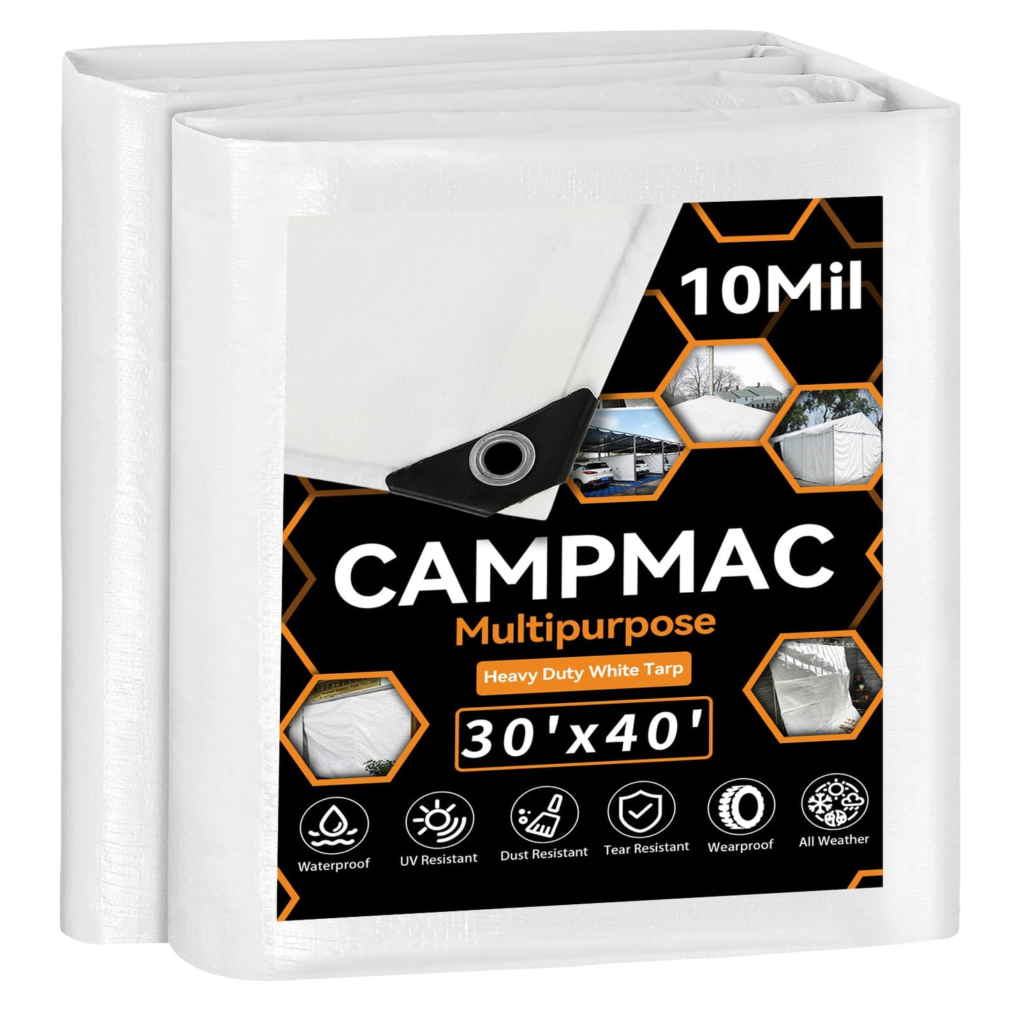 CAMPMAC White Heavy Dut Waterproof Tarp 30' x 40', 10 Mil Thick, High Durability, Rip and Tear Resistant with Metal Grommets Every 20 Inches