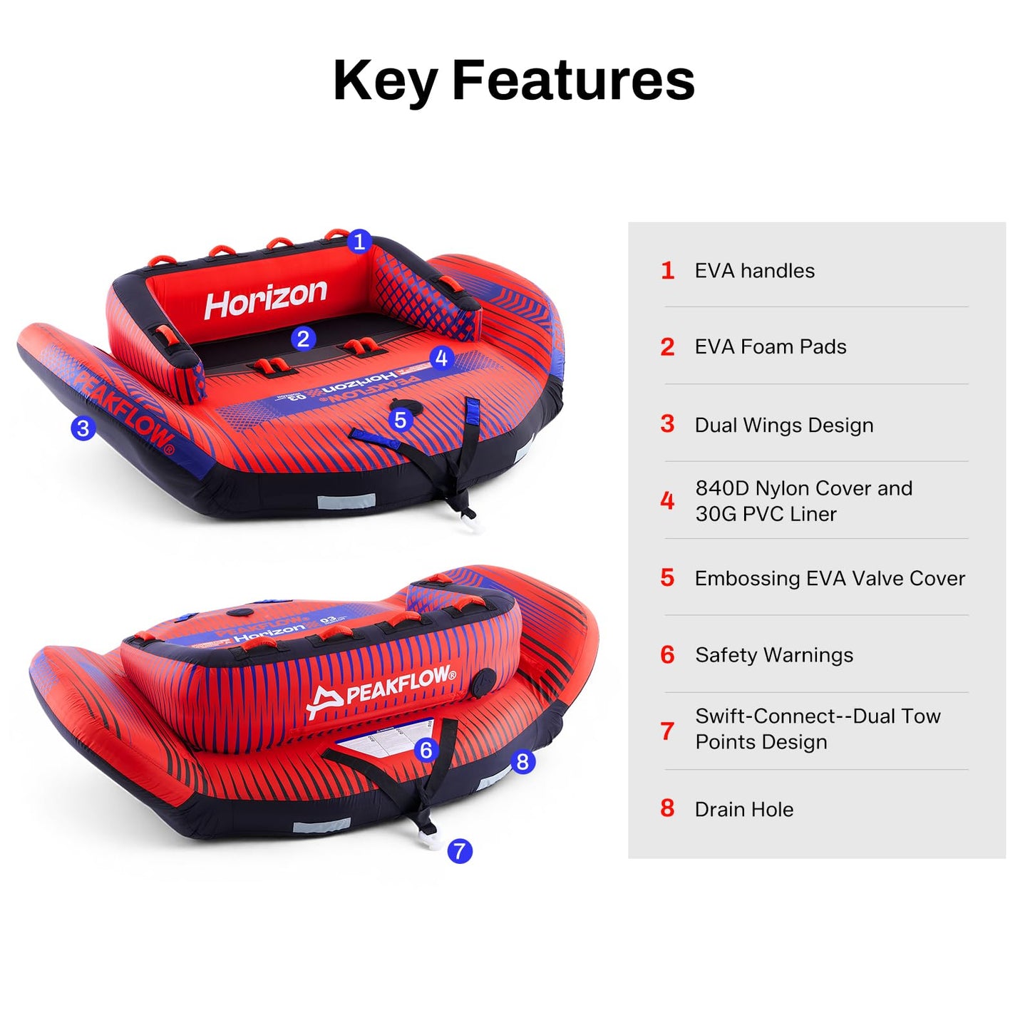 PEAKFLOW Towable Tube,Boat Tube,Extra Wide Stable Sofa Tube for 3 Persons,Heavy Duty 840D Nylon & 30-Gauge PVC,Perfect for Kids & Adults Lake Fun,Tubes for Boating,82x95Inches Inflated,Horizon Series