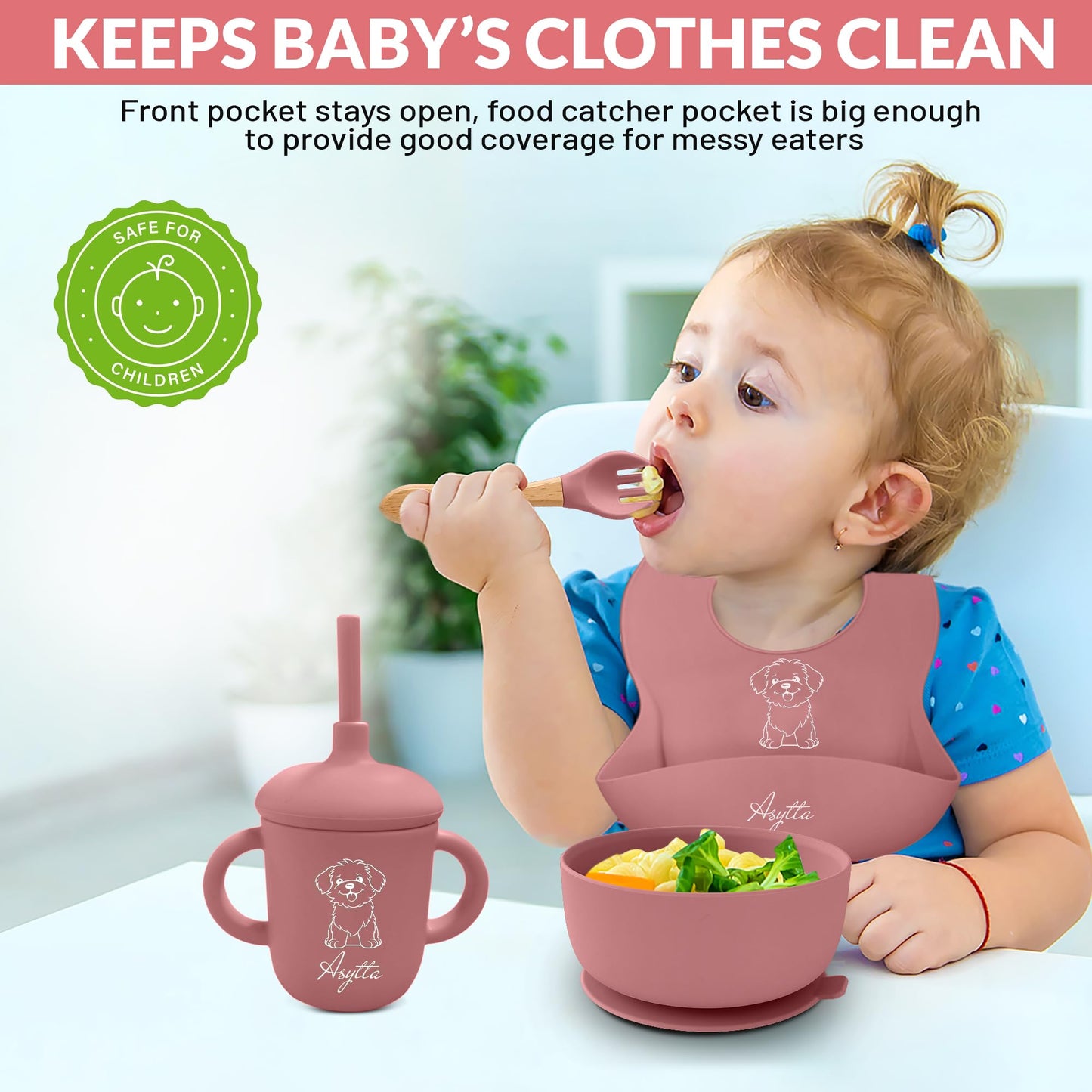 ASYTTA Silicone Baby Feeding Set – 6 Piece BPA-Free Baby Led Weaning Supplies – Toddler Eating Essentials with Baby Bib, Suction Plate, Suction Bowl, Sippy Cup, Forks, & Utensils | 6+ Months (Pink)